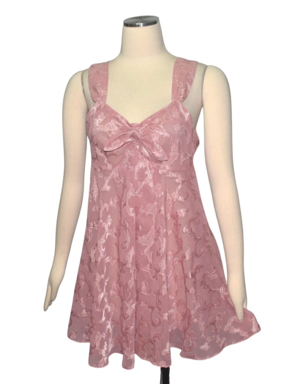 Vintage 90s Victoria's Secret Chemise Babydoll Pink Jacquard Brocade Bow Slip S
